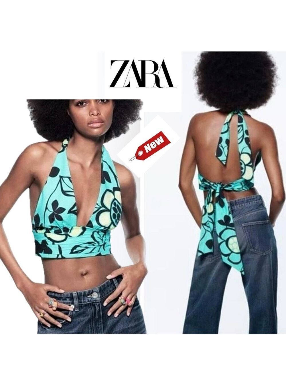 Zara turquoise blue Daisy flower open tie back halter crop top Sz S NWT festival
